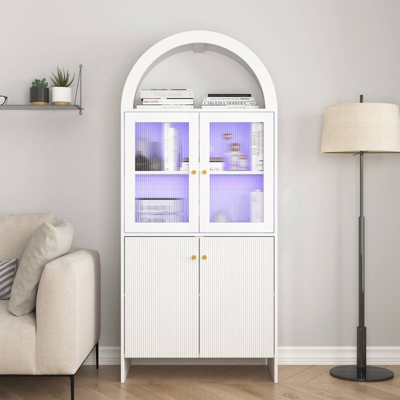Anmytek Lighted Display Cabinet Pantry Storage with LED Dome Top Modern Home Decor