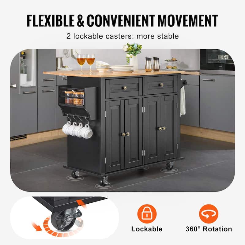 Black Kitchen Island Cart Rolling Storage Cabinet on Wheel with 2 Drawer and 2 Adjustable Shelves - 43x28x32 inch