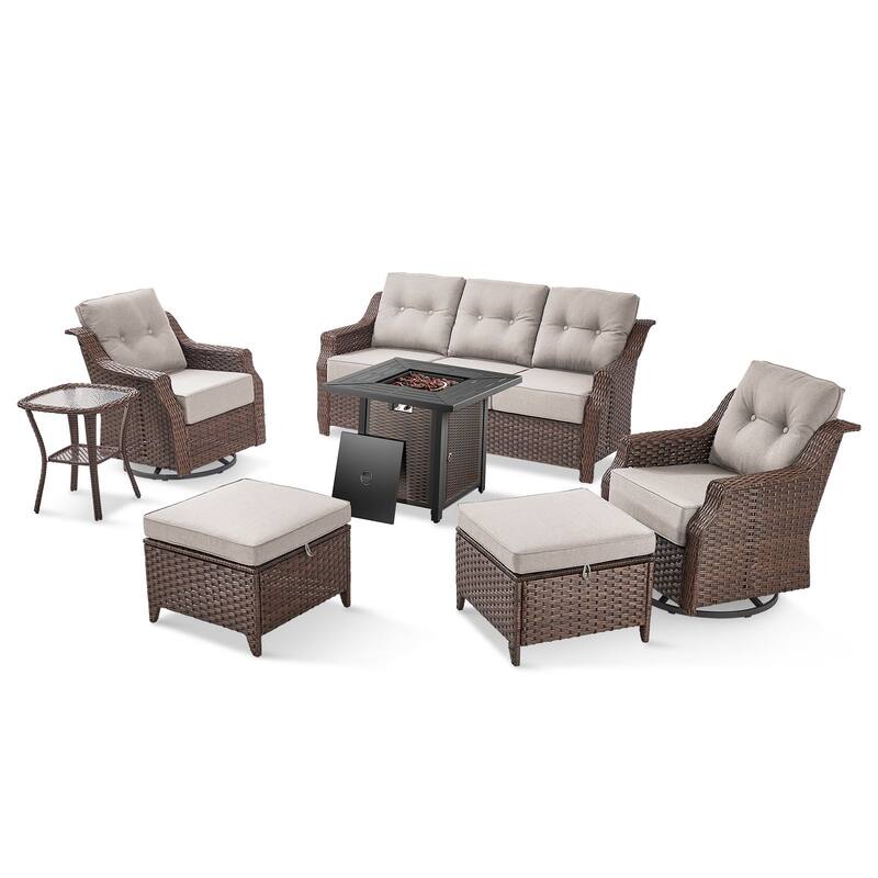 7-Piece Sofa Swivel Chairs Ottoman with 30" Firepit Table