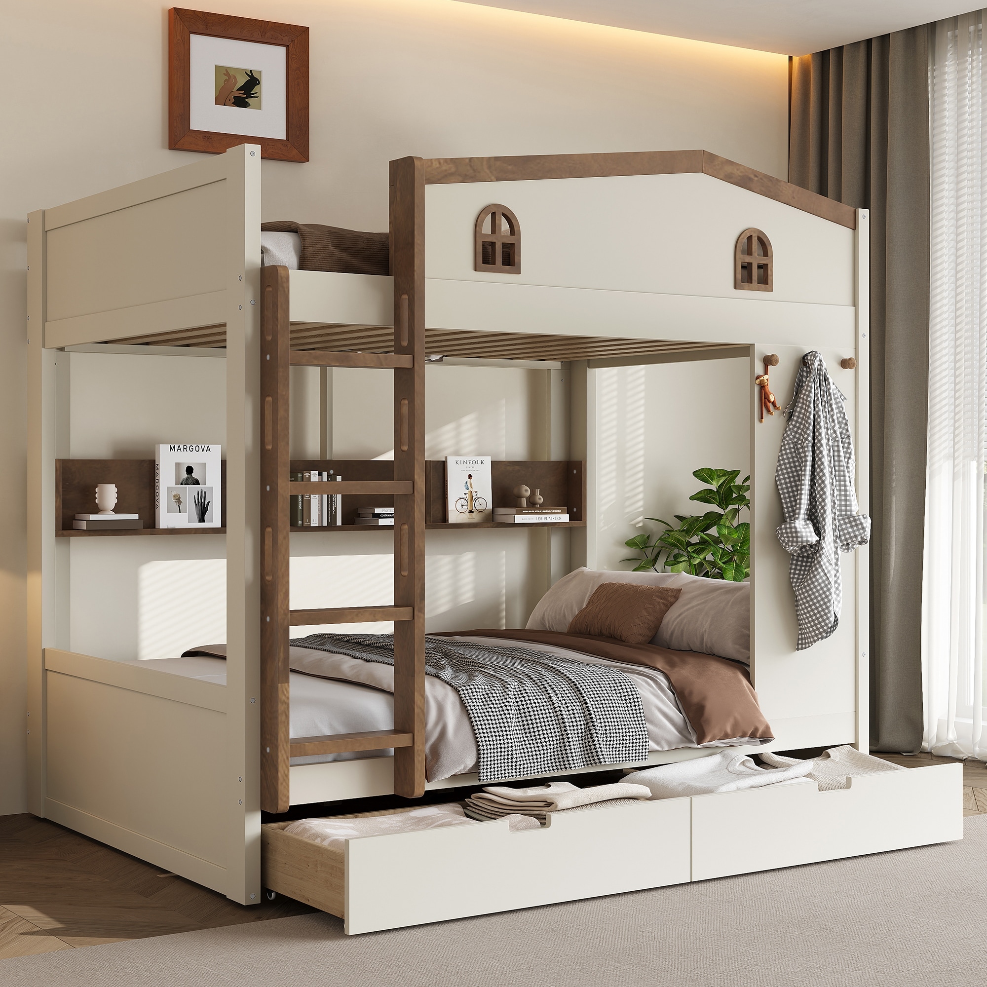 Solid Wood Slatted Bunk Bed with Drawers Shelves