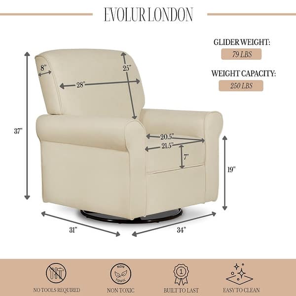 dimension image slide 4 of 5, Evolur London Upholstered Plush Seating Glider Swivel, Ergonomically Designed for Nursery