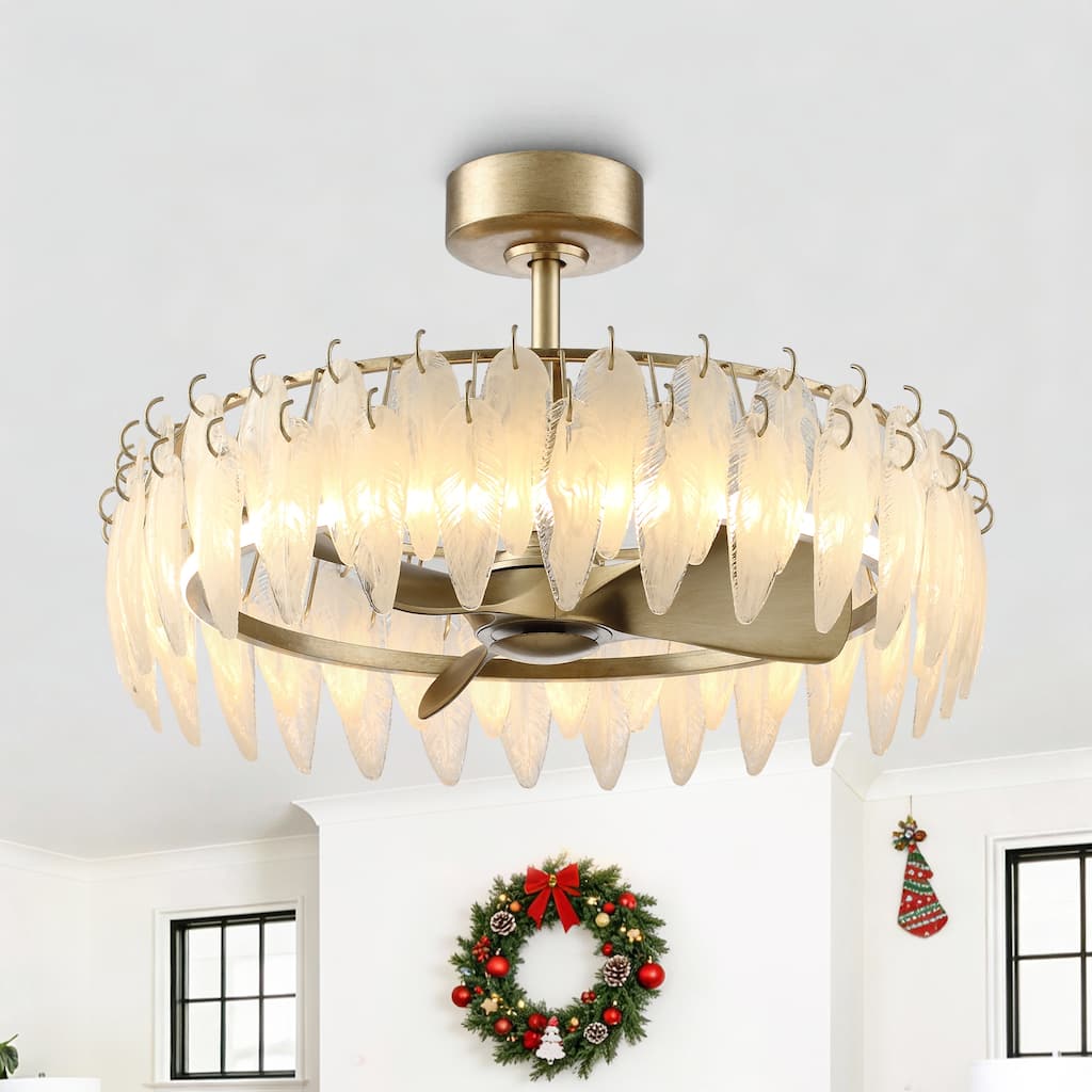 32" Rusted Silver Glass Feather 3-Blade Fandelier Caged Ceiling Fan with Light and Remote