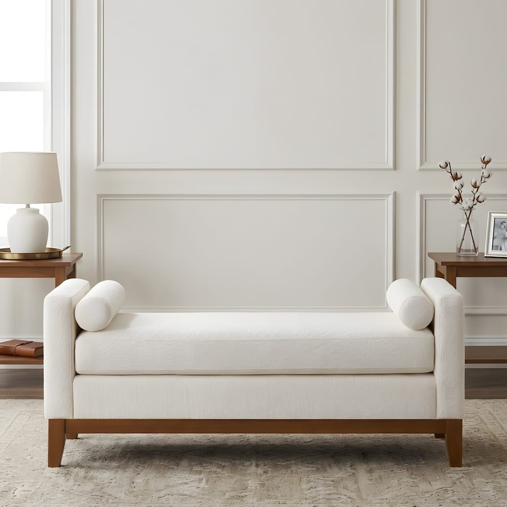 Large Upholstered Boucle Fabric Ottoman with Pillows,Comfort Padded Window Bench for Living Room