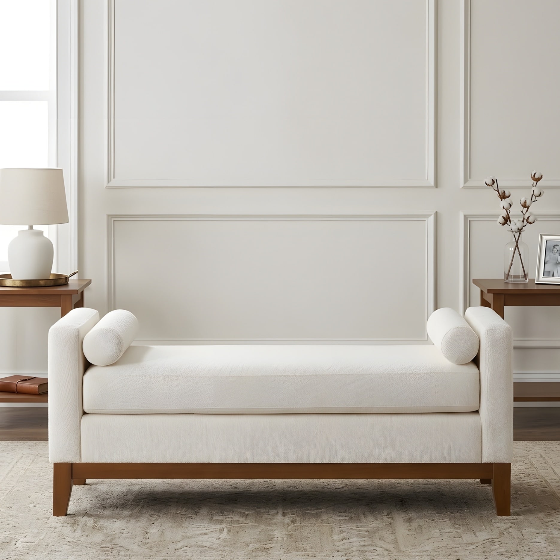 Large Upholstered Boucle Fabric Ottoman with Pillows,Comfort Padded Window Bench for Living Room