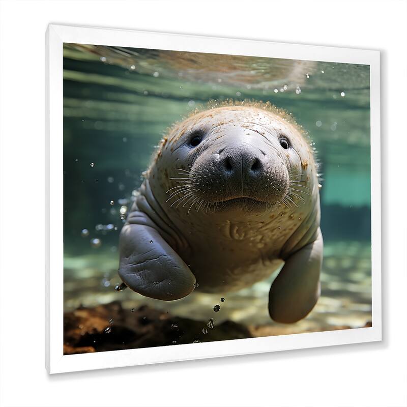 Designart "Curious Manatee Gaze II" Manatee Wall Decor Blue Modern Entryway Framed Wall Art Print