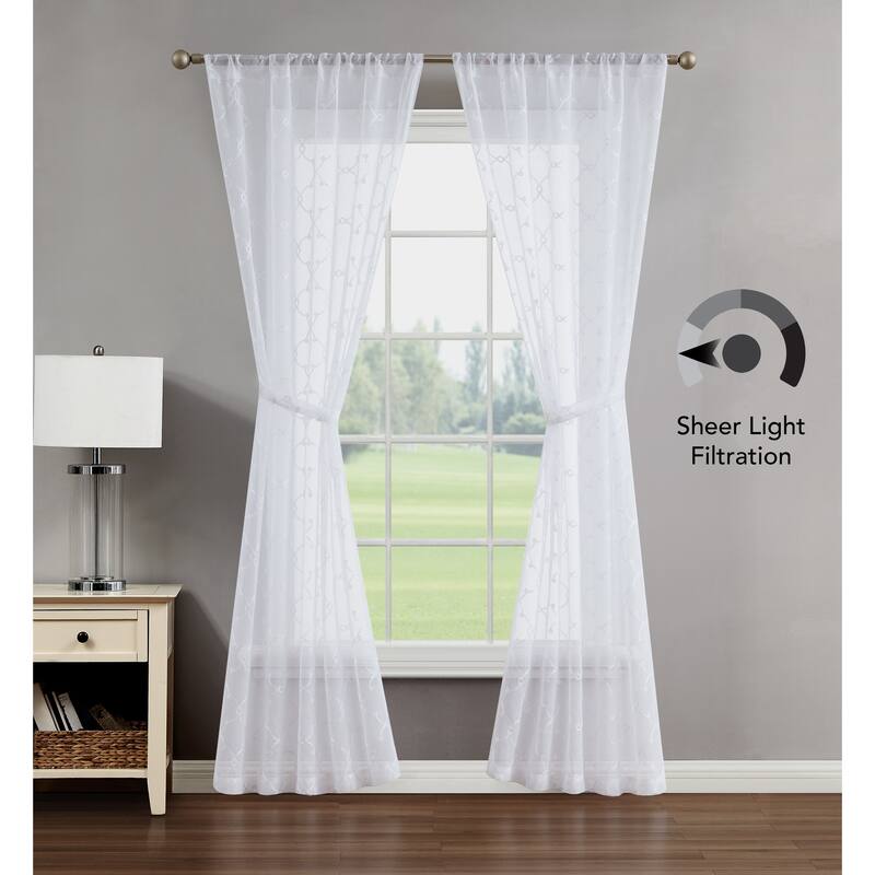Creative Home Ideas Selena Embroidered Sheer Rod Pocket Window Curtain Panel Pair with Tiebacks - 78" x 96" - White