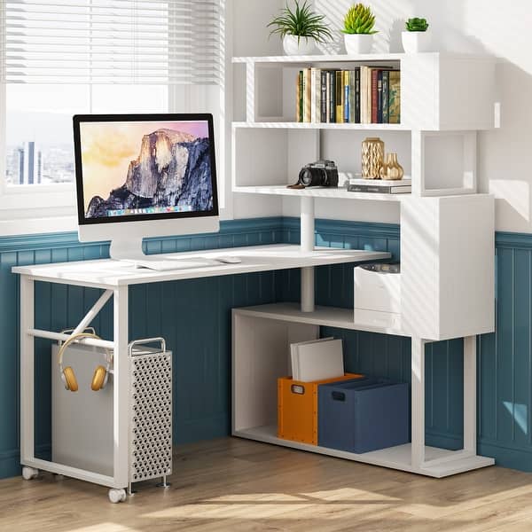 L-Shaped Rotating Computer Desk with 5 Shelves Bookshelf - Overstock ...