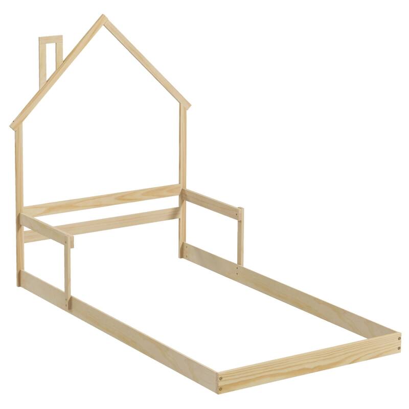 Costway Twin Size Floor Bed for Kids with Chimney Headboard & Handrail