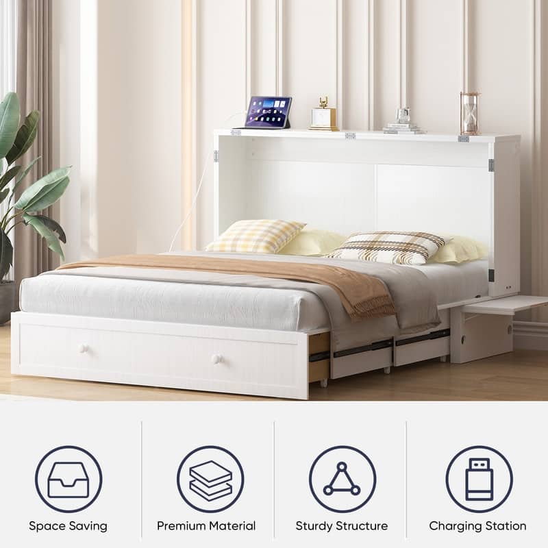 Mixoy Murphy Bed with Mattress,Modern Cube Foldable Cabinet Bed with Charging Station