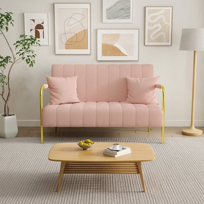 71-inch pink teddy velvet sofa, gold armrests, and pillows