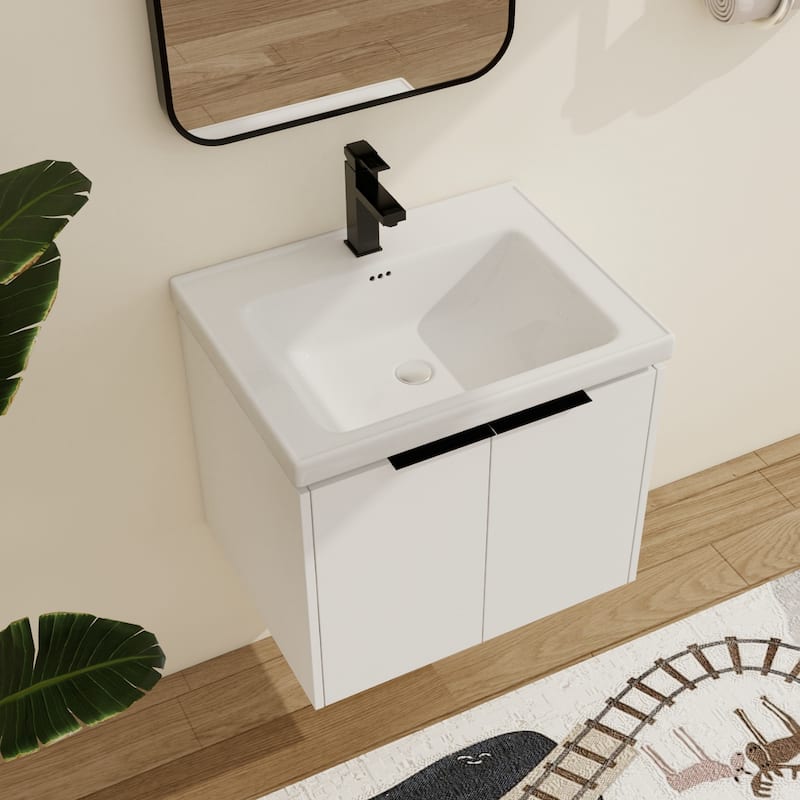 Malwee 24"/36"/48"/60" Floating Bathroom Vanity, Wall Mounted Bathroom Vanity with Ceramic Sink,Soft Close Door and Shelf