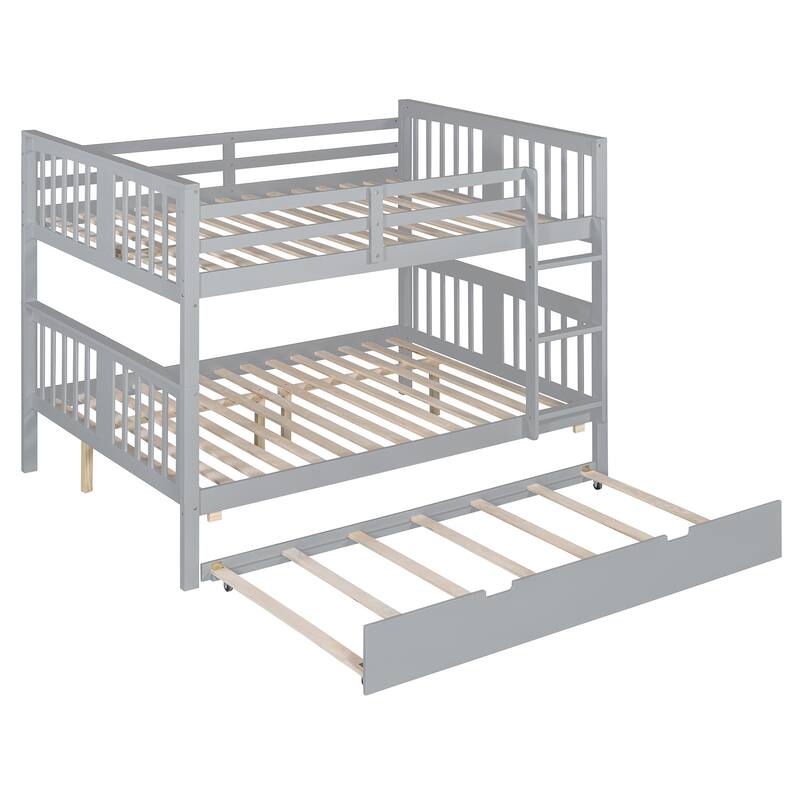 Full over Full Bunk Bed with Twin Trundle, Ladder & Slats - Gray/White/Espresso, Converts to 2 Beds
