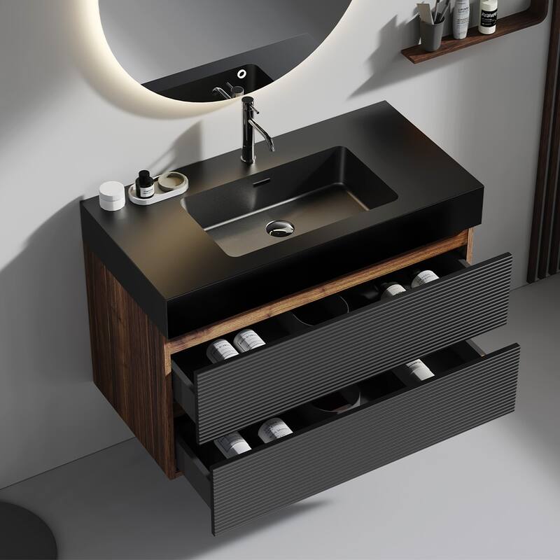 Grace 36" Bathroom Vanity with Matt Black Engineered Quartz Sink and Soft Black Drawers, Wall Mounted Floating Bathroom Vanity - Black+Brown