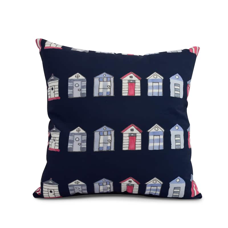 16 x 16 Inch Multi Beach Hut Stripe Print Outdoor Pillow - Navy