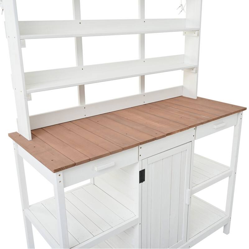 Outdoor Garden Potting Bench Table Workstation Planting Bench with 2 Drawers, Cabinet and Open Shelves for Backyard, Mudroom