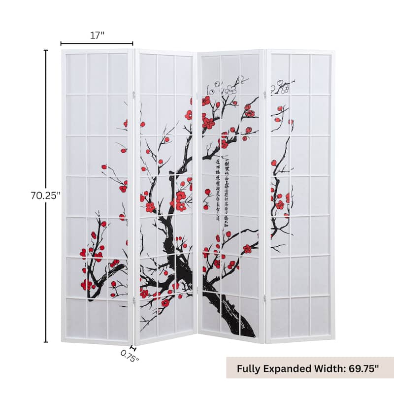 Roundhill Furniture Japanese 4-Panel Screen Room Divider, Plum Blossom