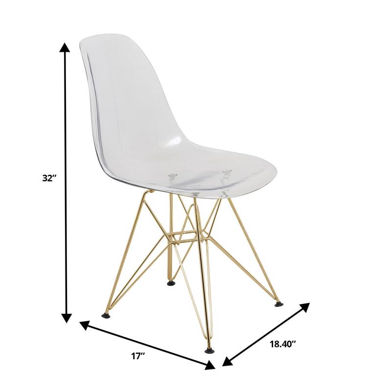 Cresco Modern Ergonomic Acrylic Dining Side Chair with Eiffel Design Base and Hand-Brushed Gold Metal Legs Set of 2
