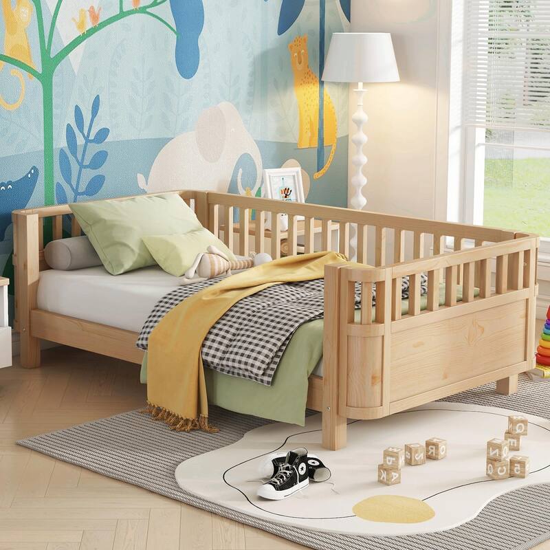 Wood Platform Bed for Kids, Low Profile Wooden Full Bed with Rails