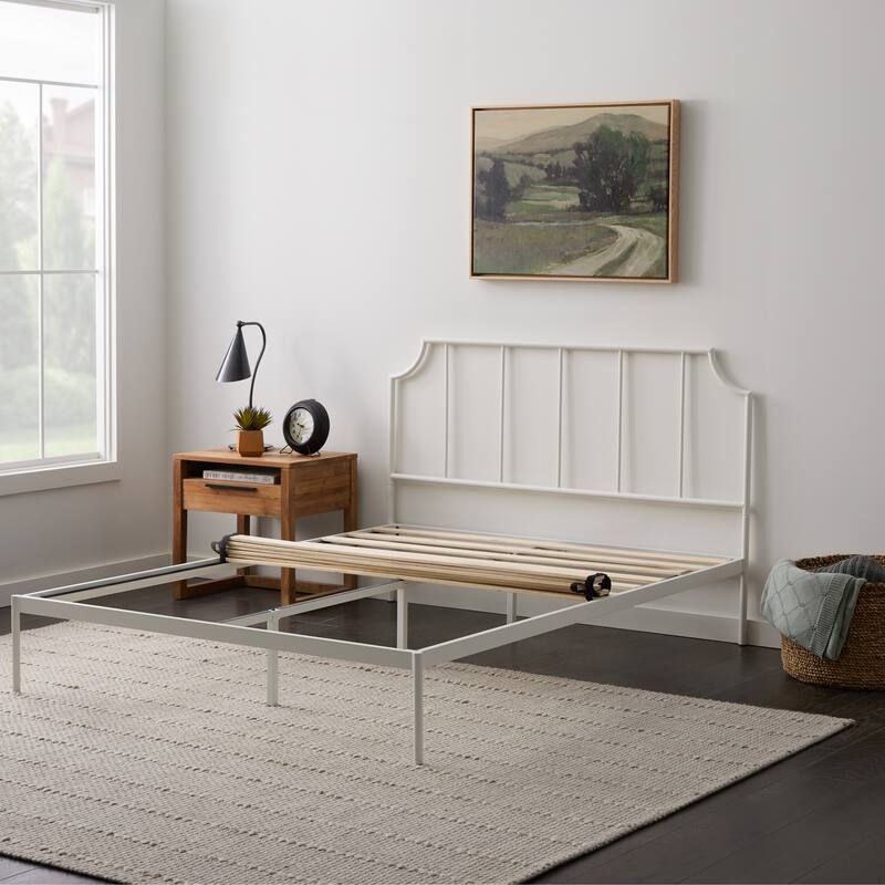 Metal Platform Bed with Rectangular Vertical Bar Headboard and Scooped Accents, King Size, White Finish