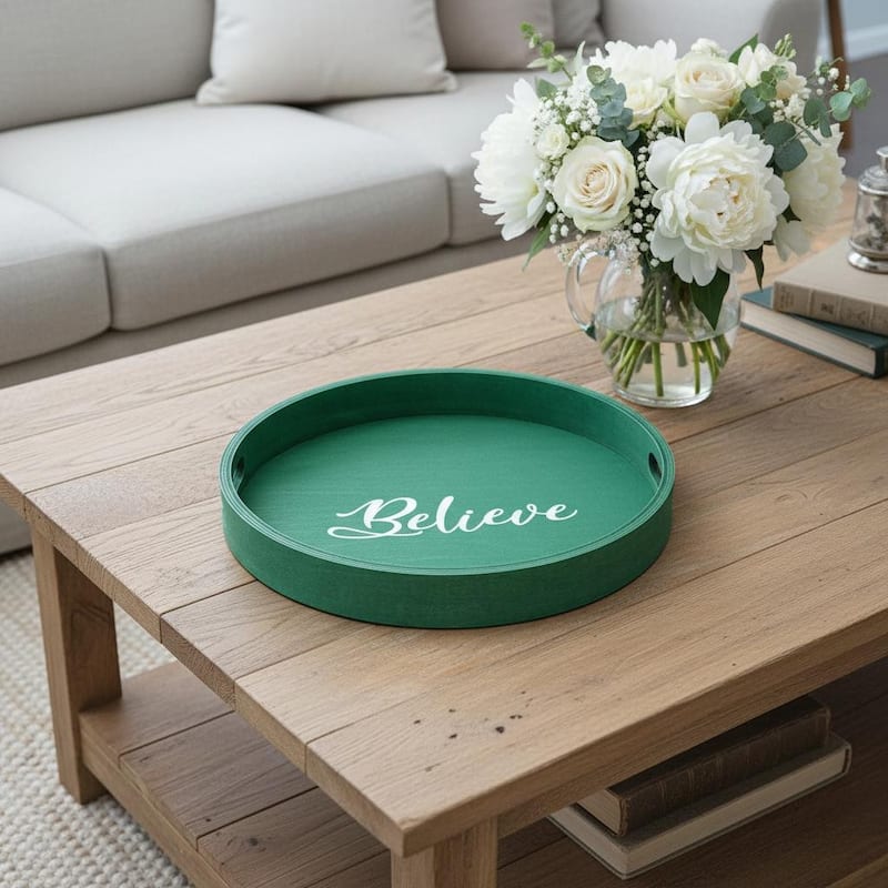 HomeRoots 14" Green And White Believe Round Serving Tray With Handles - 13.75 in. x 1.65 in. x 13.75 in. - Green/White - 13.75 in. x 1.65 in. x 13.75 in.