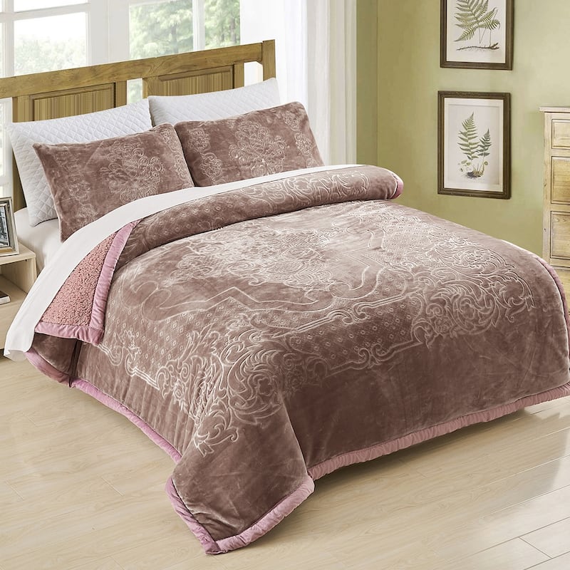 Ultra Plush Printed 3-piece Sherpa Borrego Comforter Set - Woodrose