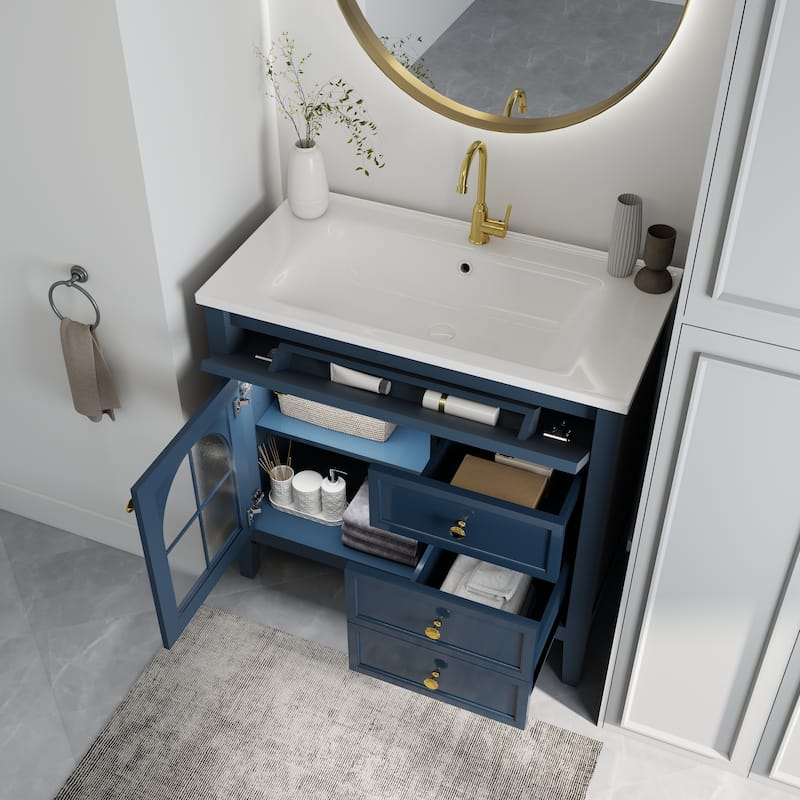 35.6-Inch Mid-Century Bathroom Vanity Sink with Patterned Glass & Motion-Sensor Light Strip, High-End Vanity Cabinet