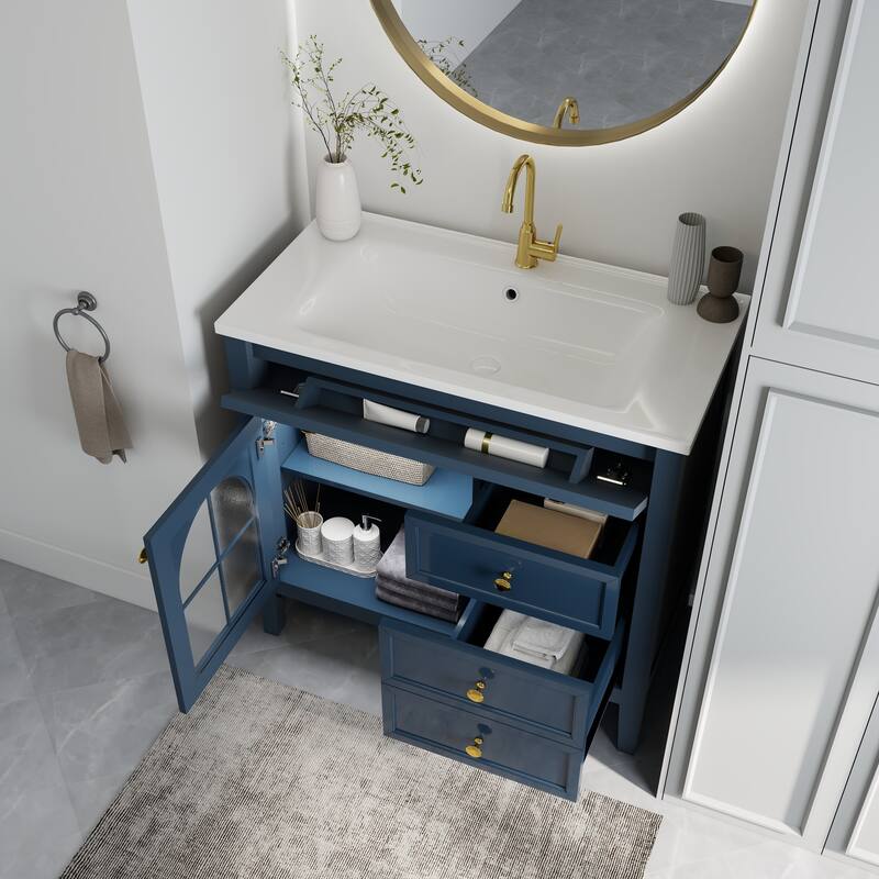 Freestanding 36" Bathroom Vanity Sink Cabinet with Motion-sensor Light Strip, Patterned Glass & Drawers