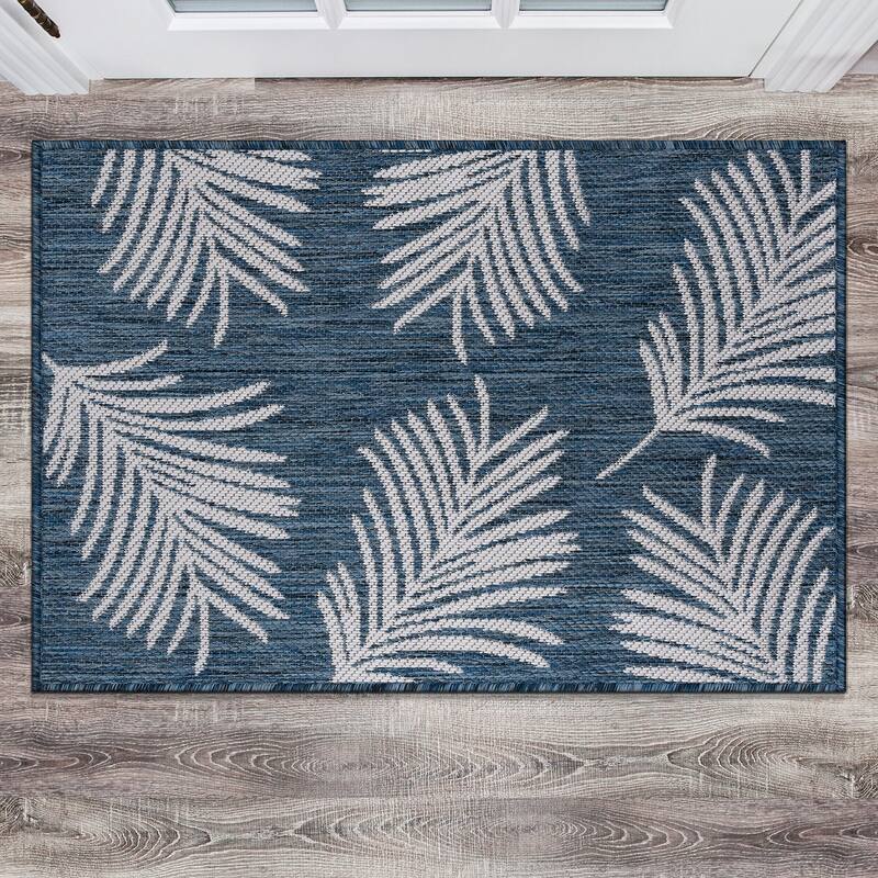 World Rug Gallery Contemporary Palm Leaves Textured Flat Weave Indoor/Outdoor Area Rug - 2'x3' - Navy