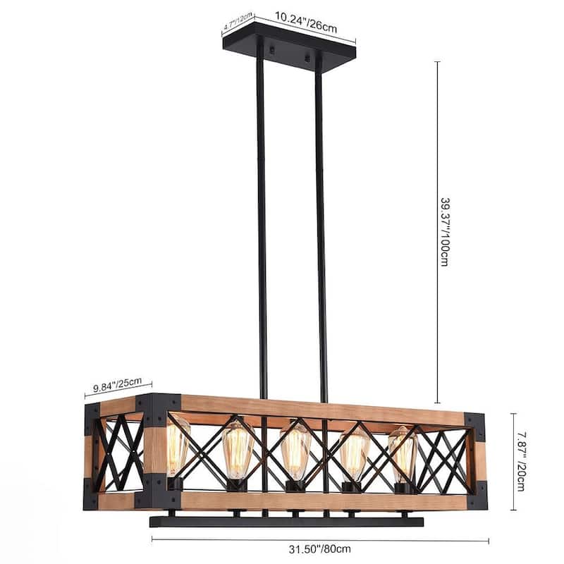 5-Light Farmhouse Rectangle Wood Cage Chandelier - Black & Wood