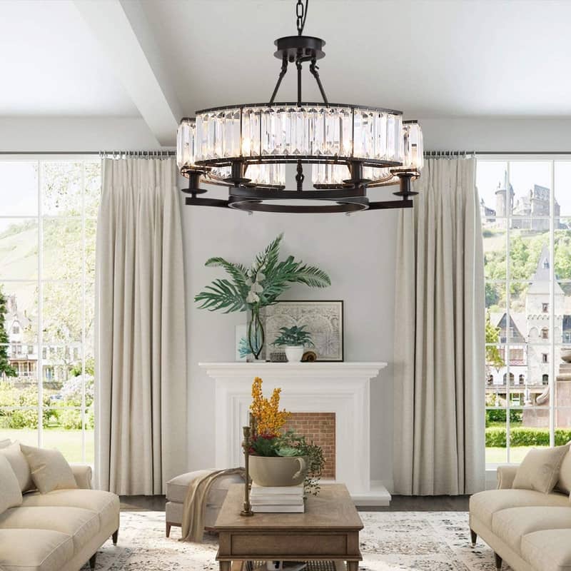 26 in. 6-Light Modern Farmhouse Crystal Chandelier Black Drum Kitchen Island Pendant Light