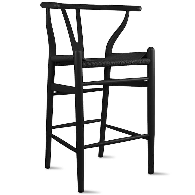 Solid Wood Countertop Height Barstool with Open Y Back Farmhouse Woven Organic Chair For Kitchen Bedroom Designer - N/A