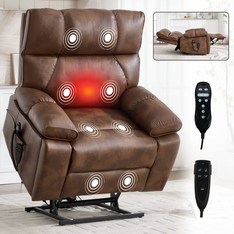 Leatheraire Heat Massage Dual Motor Infinite Position Up to 350 LBS Large Electric Power Lift Recliners with Hidden Cup Holders