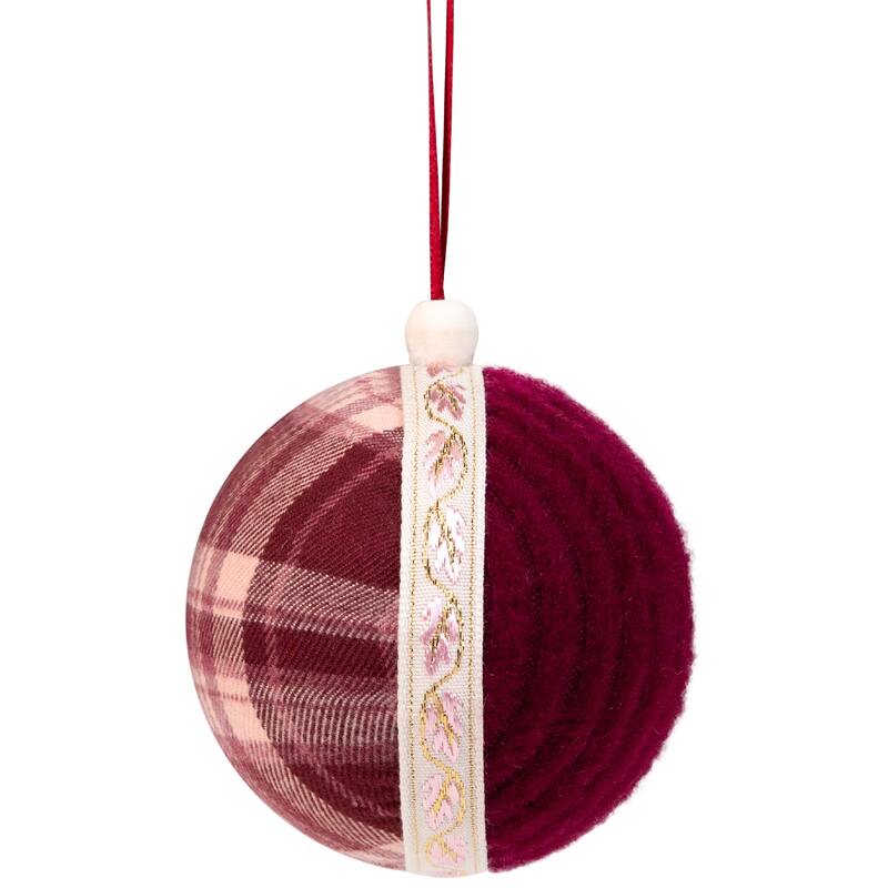 Plaid and Knitted Christmas Ball Ornaments - 3.5" - Maroon and Ivory - Set of 4