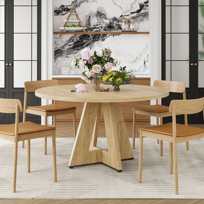 47" Round Dining Table for 4-7 People, Modern Wood Kitchen Table with Metal Base, Large Round Dinner Table