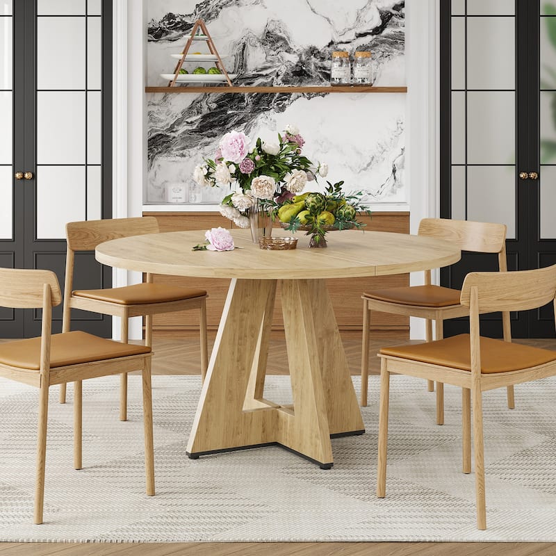 47" Round Dining Table for 4 People, Wood Kitchen Table with Sturdy Metal Base, Large Meeting Table Office Table