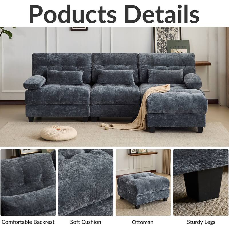 GDFStudio - 4-Piece Adjustable Backrest 93" Chenille Sofa with Ottoman and 3 Throw Pillows