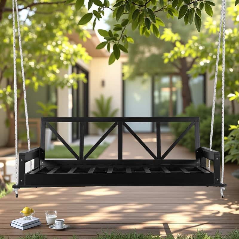 Acacia Wood Twin Size Porch Swings Bed with 16.4ft Hemp Ropes Outdoor Hanging Daybed, 350lb Capacity - Black