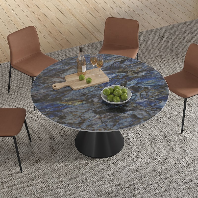 Modern Round Stone Top Black Titanium Stainless Steel Pedestal Dining Table