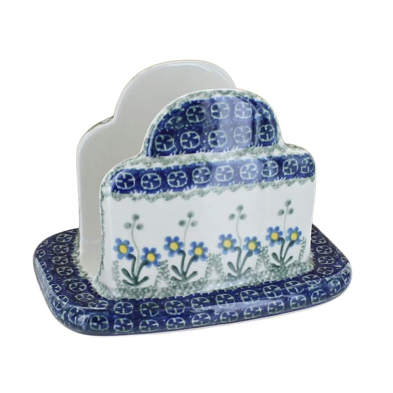 Blue Rose Polish Pottery 487 Ceramika Artystyczna Napkin Holder - Blue Posy