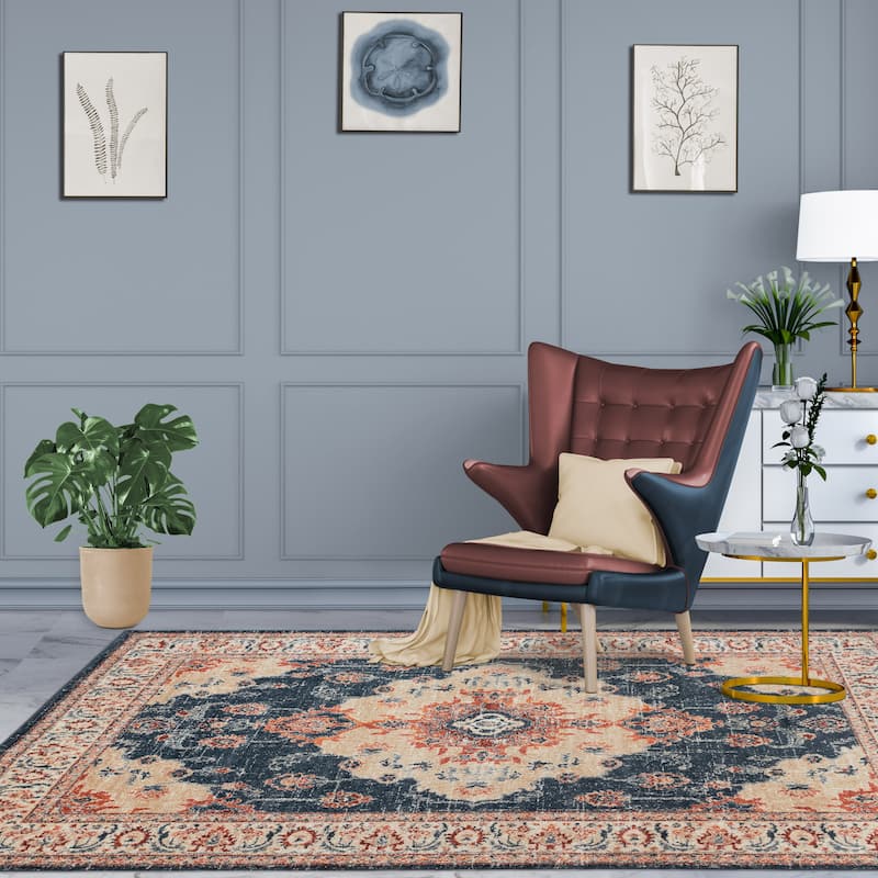 Superior Octavia Medallion Area Rug - 7'10" x 10' - Dark Blue