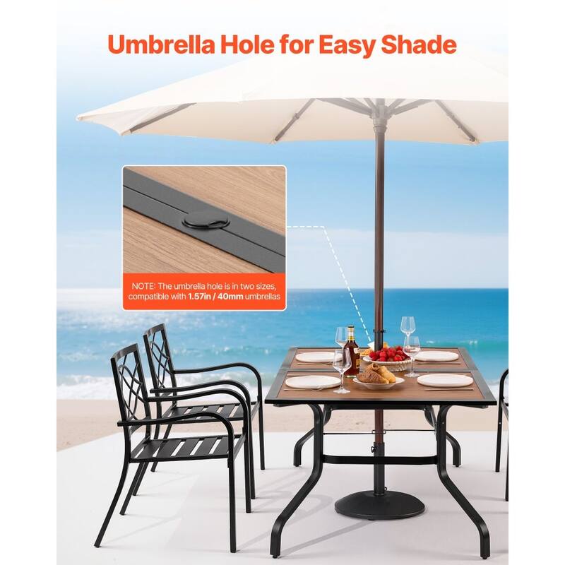 Outdoor Patio Dining Table Brown Wood Grain Carbon Steel Weather Resistant Table with Umbrella Hole - 59x38x29 in
