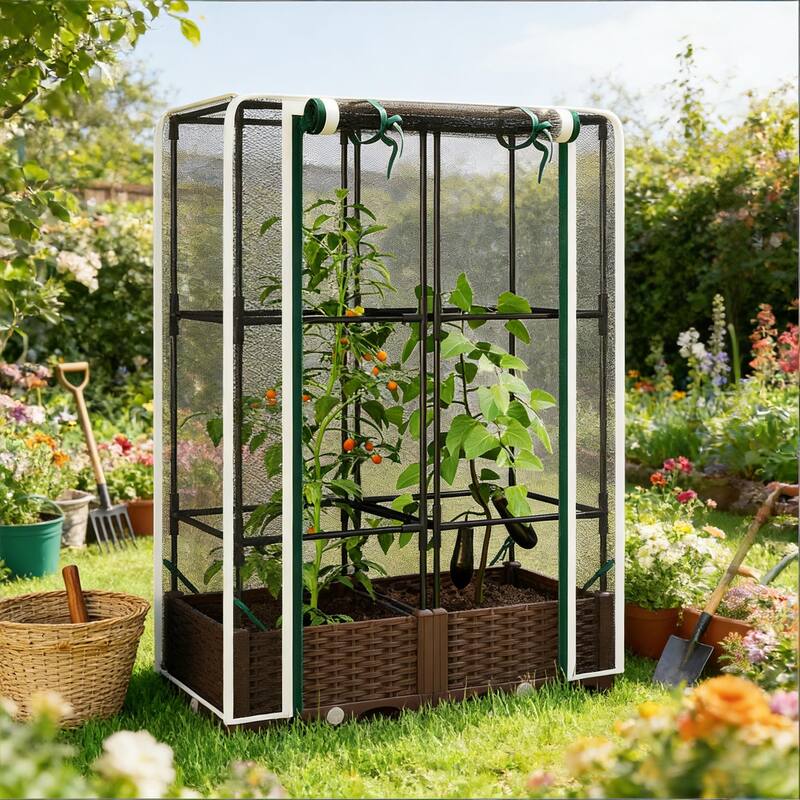 Self-Watering Adjustable Raised Garden Bed with Trellis and Crop Cage - Black+Brown,White