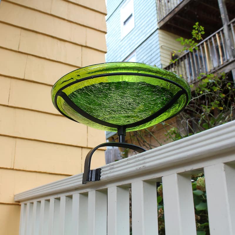 Achla Designs 14"Dia. Round Crackle Glass Birdbath w/Black Wrought Iron Over Rail Bracket