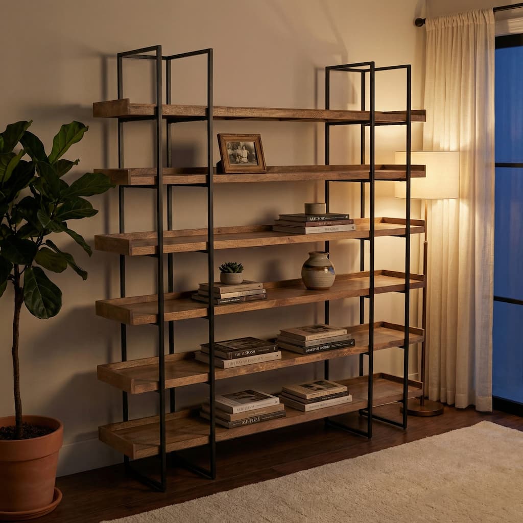 84 in. Brown Solid Wood 6 Shelf Etagere_Bookcase with Black Iron Frame