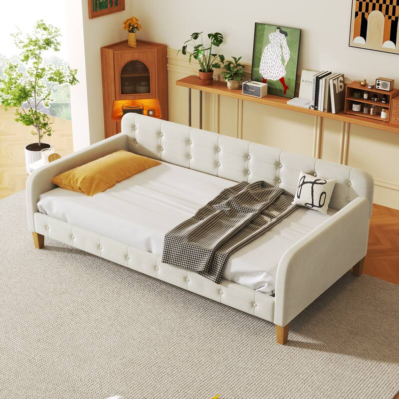 Modern Twin/Full Size Upholstered Daybed, Velvet Fabric, Sturdy Pine Wood Frame, White/Pink