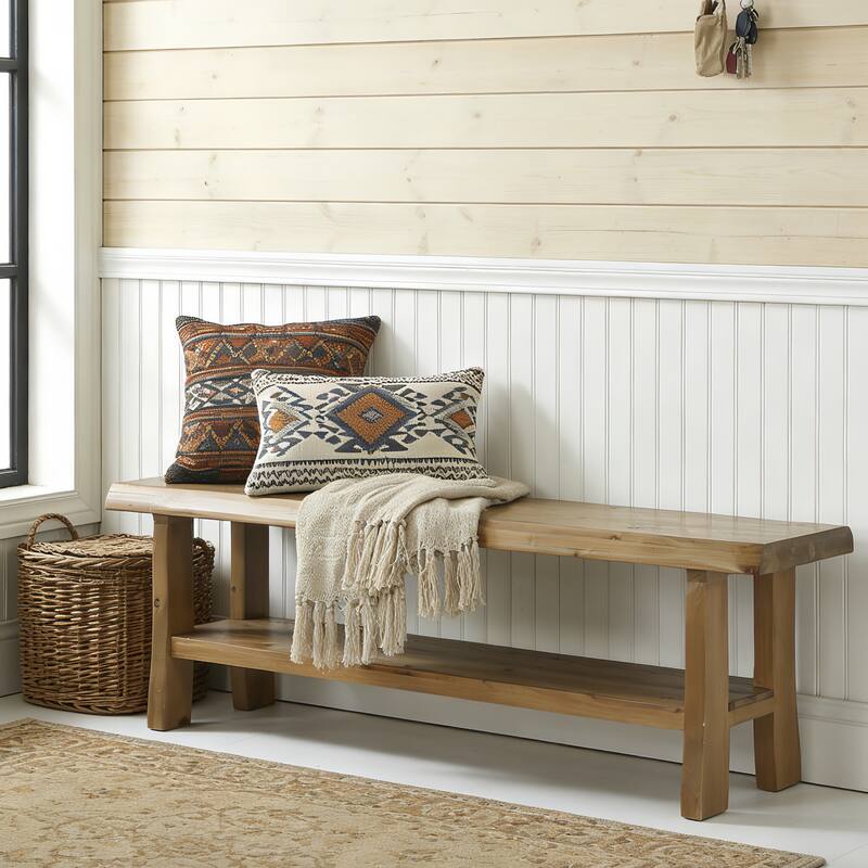 55" Solid Wood Entryway Bench with Storage Shelf