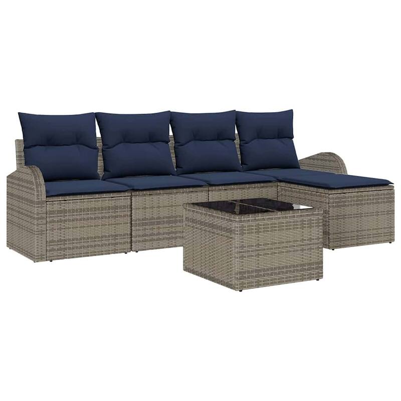 vidaXL 5/6 Garden Sofa Set with Cushions Black/Brown/Grey Poly Rattan - 92.1 x 24.4 x 27.2