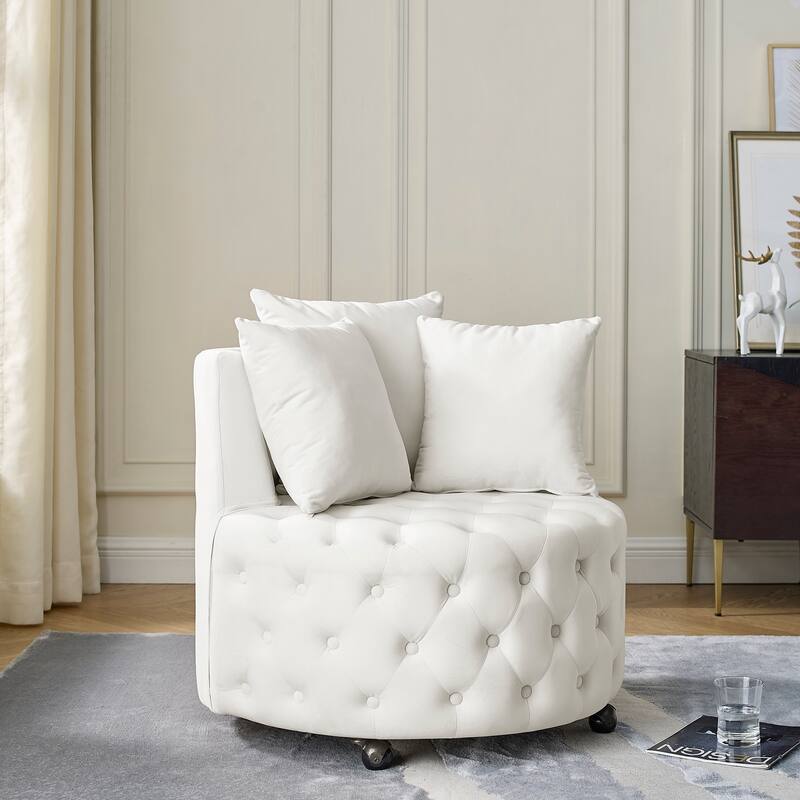 Roomfitters Velvet Swivel Chair with Tufted Button Design, Round Accent Chair with 3 Pillows and Wheels, Lounge Seating