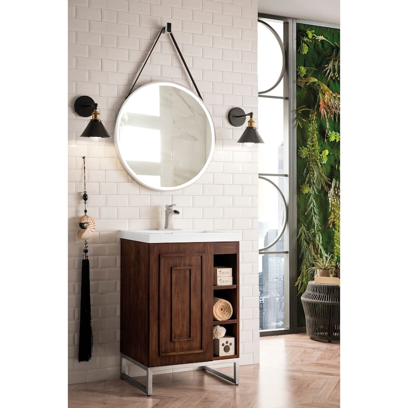 James Martin Vanities Alicante 24" Single Vanity Cabinet, Mid Century Acacia w/ White Glossy Composite Stone Top