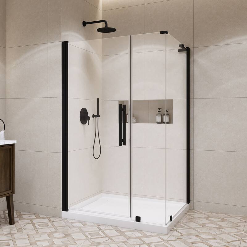 OVE Decors Pasadena Corner Frameless Pivot Shower Door Kit with Base Pan, 2025 - 48" - Black
